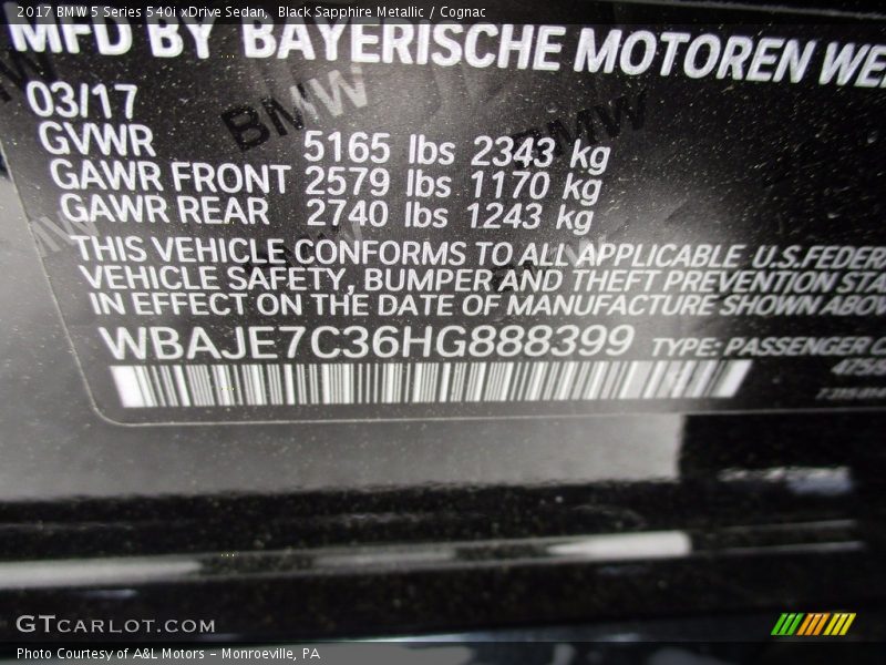 Black Sapphire Metallic / Cognac 2017 BMW 5 Series 540i xDrive Sedan