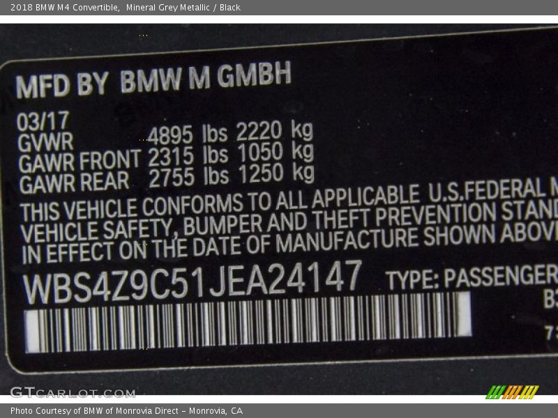 Mineral Grey Metallic / Black 2018 BMW M4 Convertible