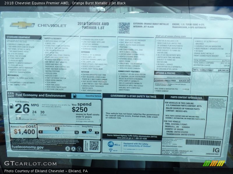  2018 Equinox Premier AWD Window Sticker