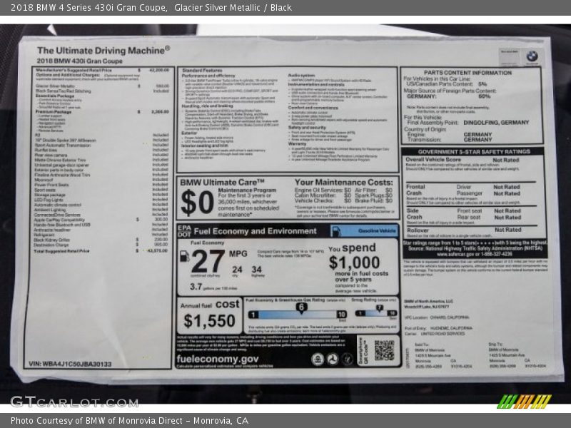  2018 4 Series 430i Gran Coupe Window Sticker