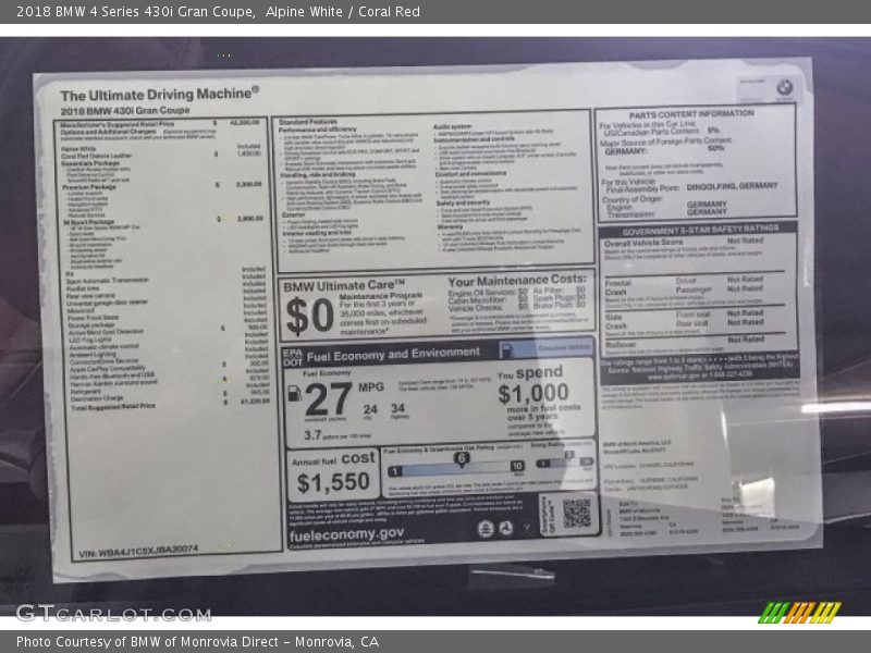  2018 4 Series 430i Gran Coupe Window Sticker