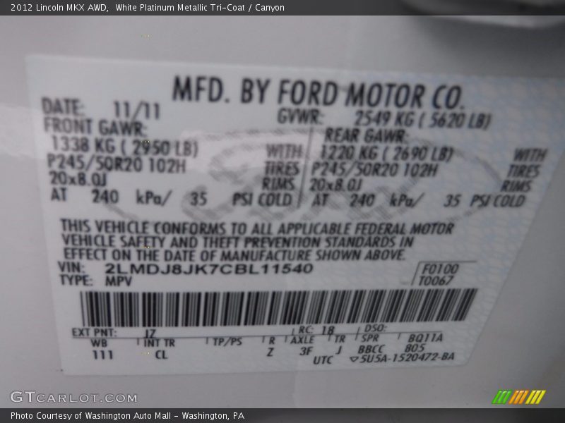 White Platinum Metallic Tri-Coat / Canyon 2012 Lincoln MKX AWD
