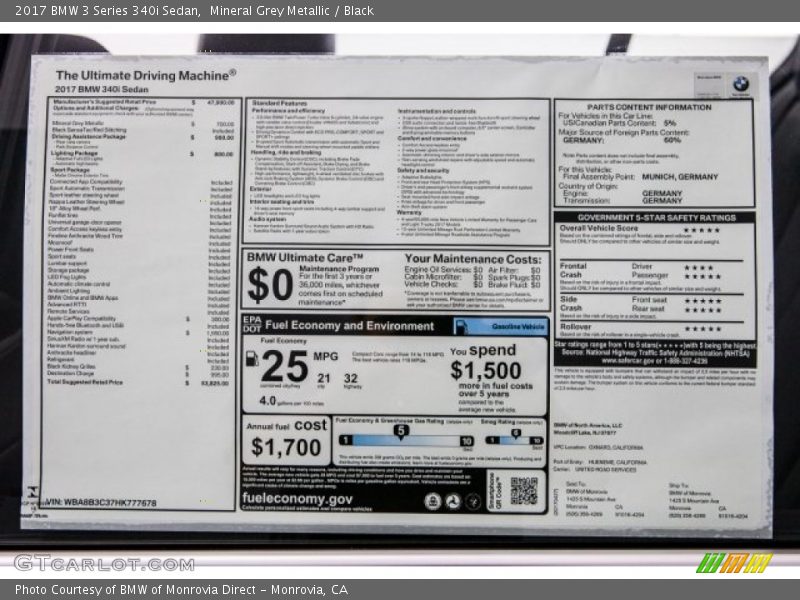 Mineral Grey Metallic / Black 2017 BMW 3 Series 340i Sedan