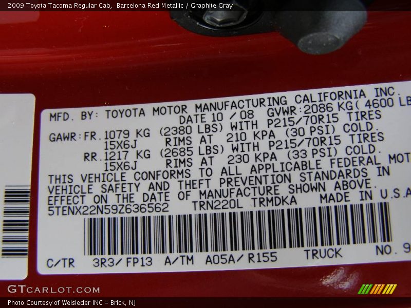 Barcelona Red Metallic / Graphite Gray 2009 Toyota Tacoma Regular Cab