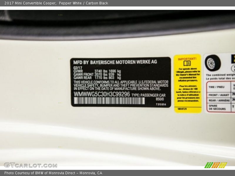 Pepper White / Carbon Black 2017 Mini Convertible Cooper