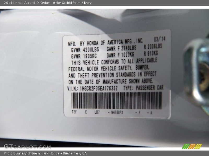 White Orchid Pearl / Ivory 2014 Honda Accord LX Sedan