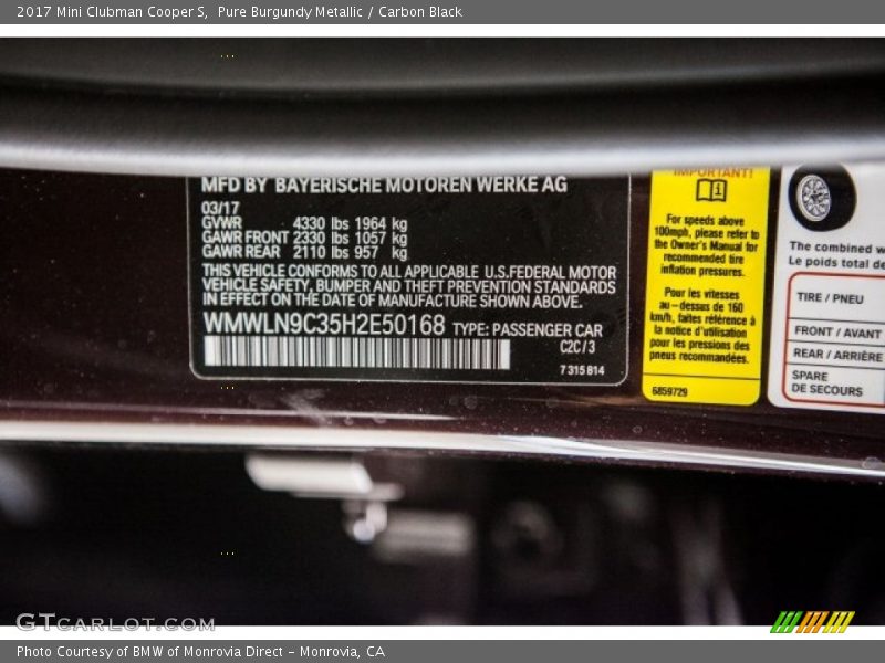 2017 Clubman Cooper S Pure Burgundy Metallic Color Code C2C