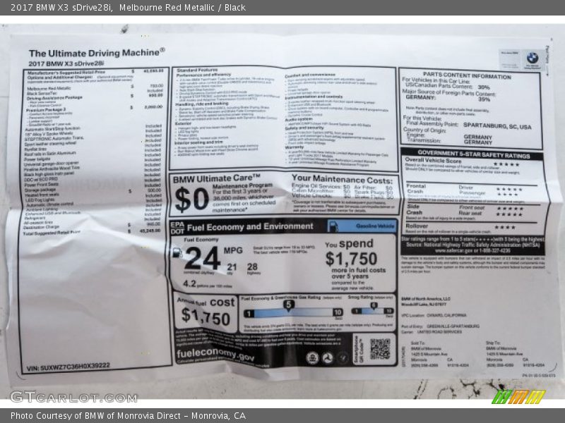  2017 X3 sDrive28i Window Sticker