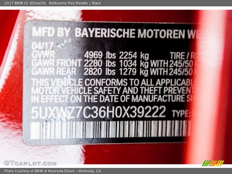 Melbourne Red Metallic / Black 2017 BMW X3 sDrive28i