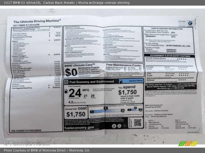 Carbon Black Metallic / Mocha w/Orange contrast stitching 2017 BMW X3 sDrive28i