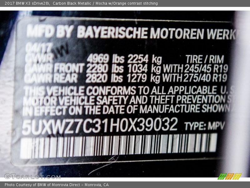Carbon Black Metallic / Mocha w/Orange contrast stitching 2017 BMW X3 sDrive28i