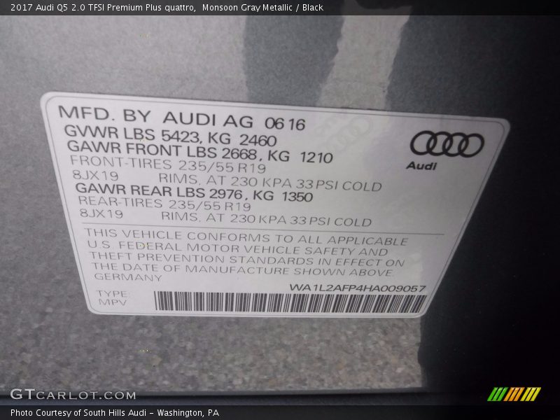 Monsoon Gray Metallic / Black 2017 Audi Q5 2.0 TFSI Premium Plus quattro