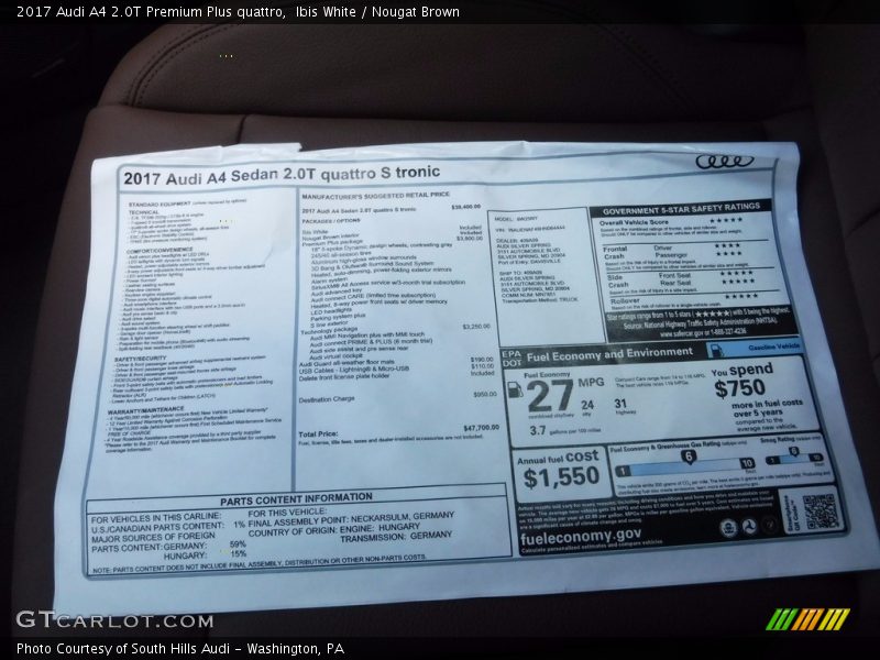 Ibis White / Nougat Brown 2017 Audi A4 2.0T Premium Plus quattro