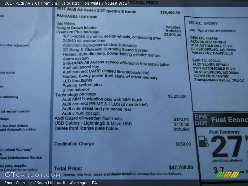 Ibis White / Nougat Brown 2017 Audi A4 2.0T Premium Plus quattro