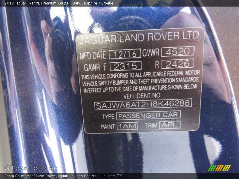 2017 F-TYPE Premium Coupe Dark Sapphire Color Code 1AM