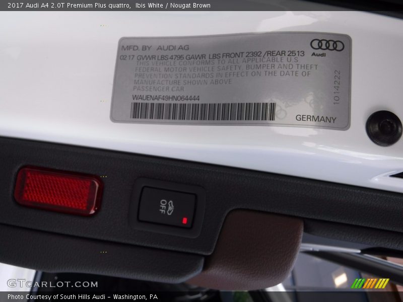 Ibis White / Nougat Brown 2017 Audi A4 2.0T Premium Plus quattro