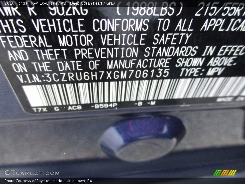 Deep Ocean Pearl / Gray 2016 Honda HR-V EX-L Navi AWD