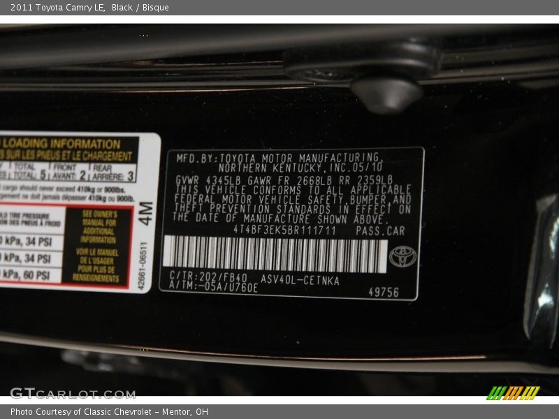 Black / Bisque 2011 Toyota Camry LE