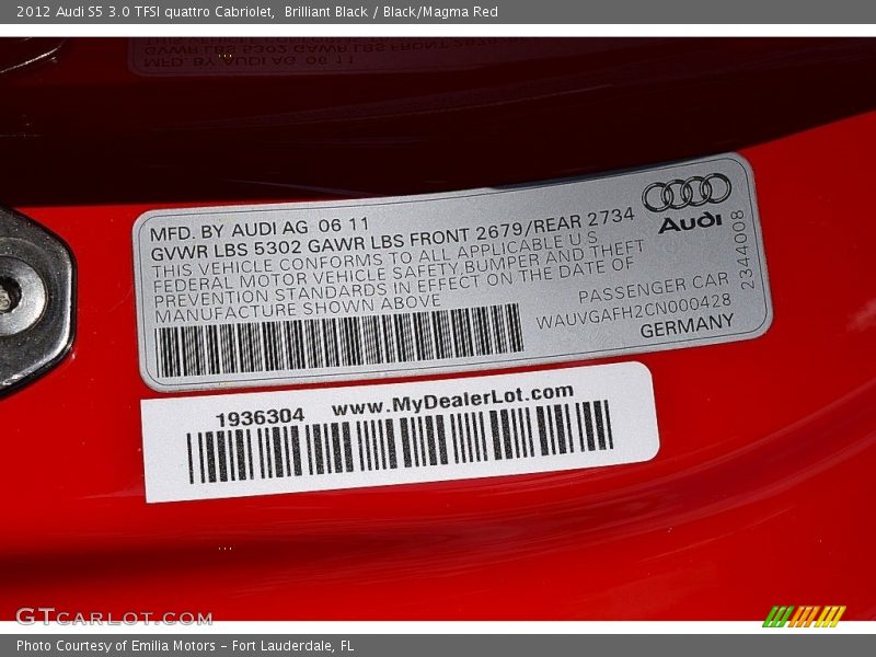 Brilliant Black / Black/Magma Red 2012 Audi S5 3.0 TFSI quattro Cabriolet
