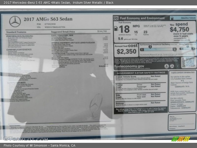  2017 S 63 AMG 4Matic Sedan Window Sticker