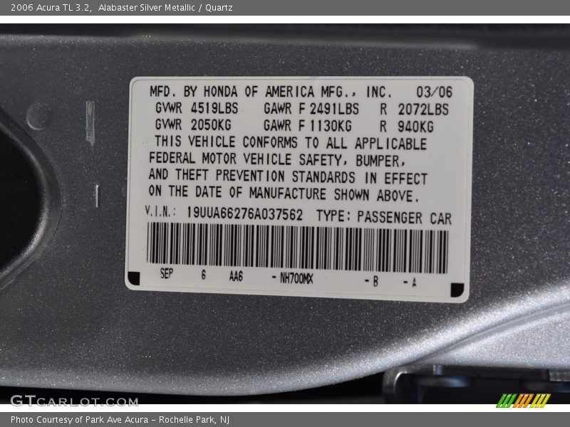 Alabaster Silver Metallic / Quartz 2006 Acura TL 3.2