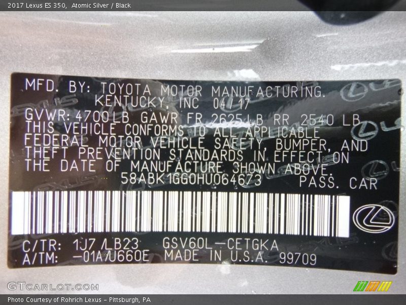 Atomic Silver / Black 2017 Lexus ES 350