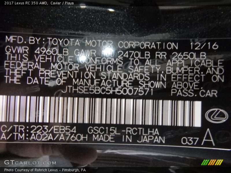 2017 RC 350 AWD Caviar Color Code 223