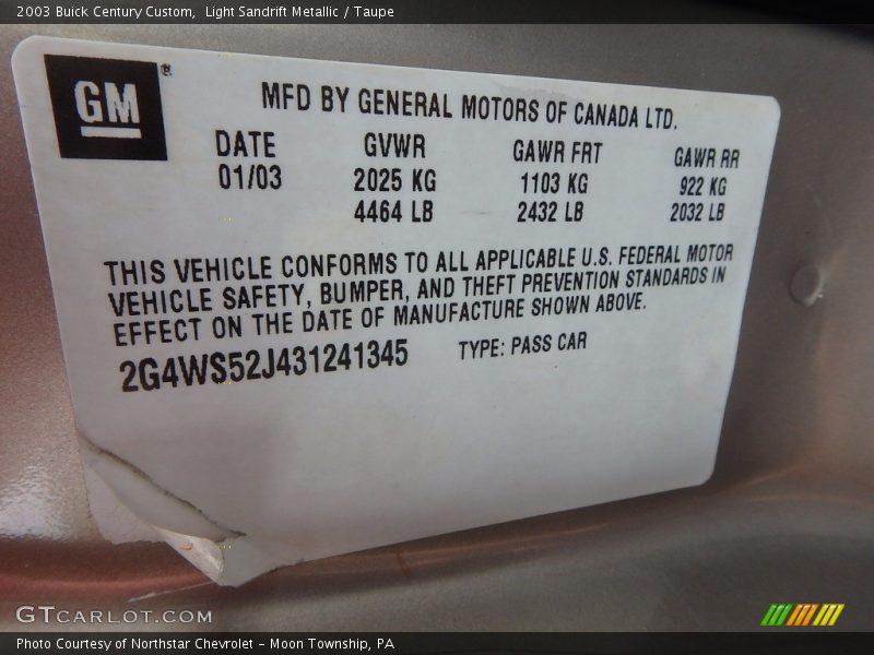 Light Sandrift Metallic / Taupe 2003 Buick Century Custom