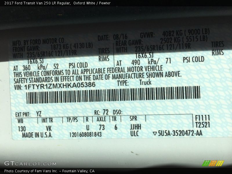 Oxford White / Pewter 2017 Ford Transit Van 250 LR Regular
