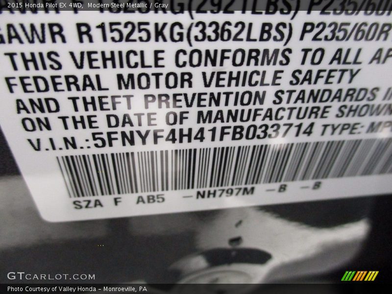Modern Steel Metallic / Gray 2015 Honda Pilot EX 4WD