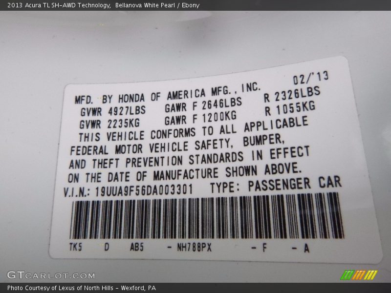 Bellanova White Pearl / Ebony 2013 Acura TL SH-AWD Technology