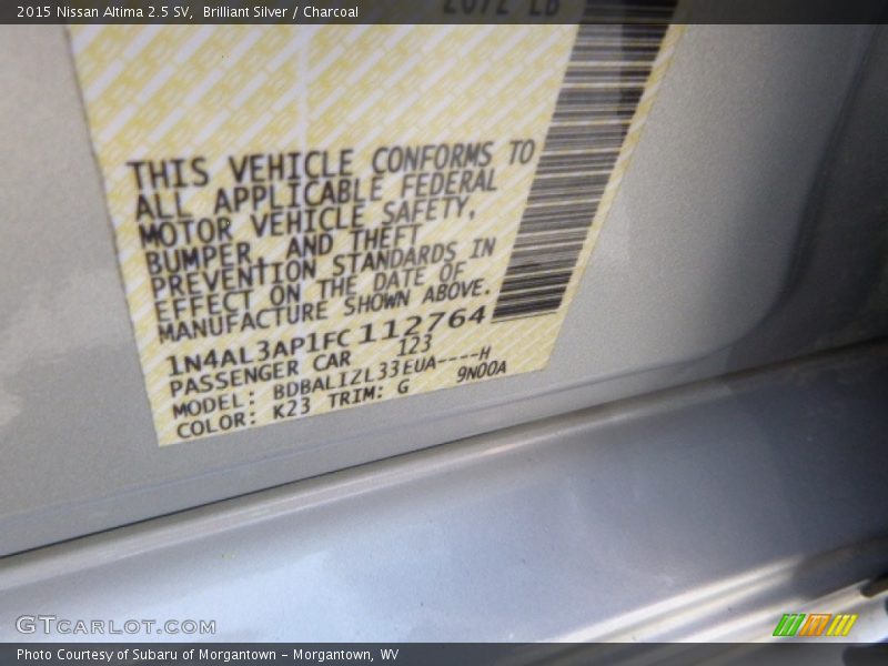 Brilliant Silver / Charcoal 2015 Nissan Altima 2.5 SV