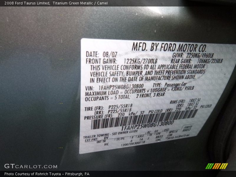 Titanium Green Metallic / Camel 2008 Ford Taurus Limited