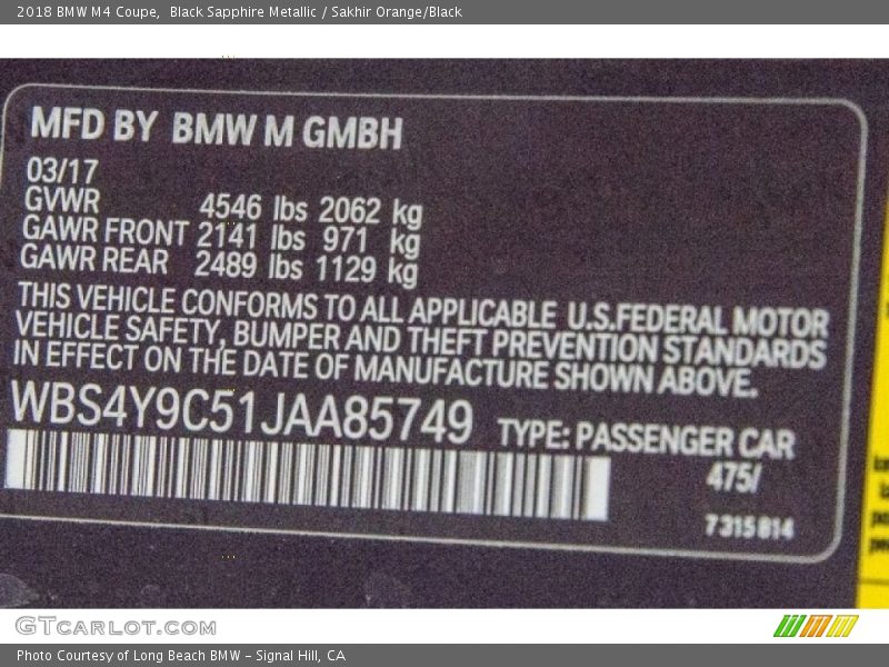 2018 M4 Coupe Black Sapphire Metallic Color Code 475