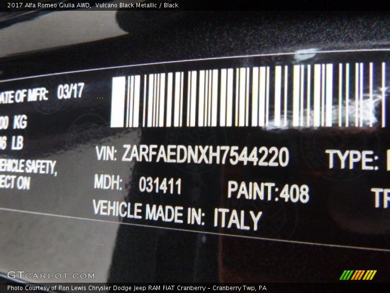 2017 Giulia AWD Vulcano Black Metallic Color Code 408