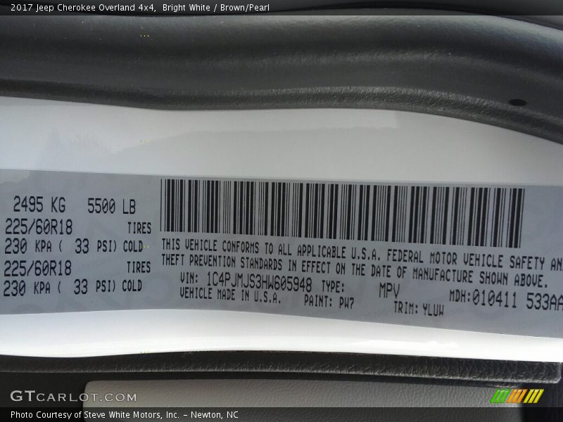 2017 Cherokee Overland 4x4 Bright White Color Code PW7