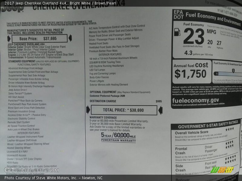  2017 Cherokee Overland 4x4 Window Sticker