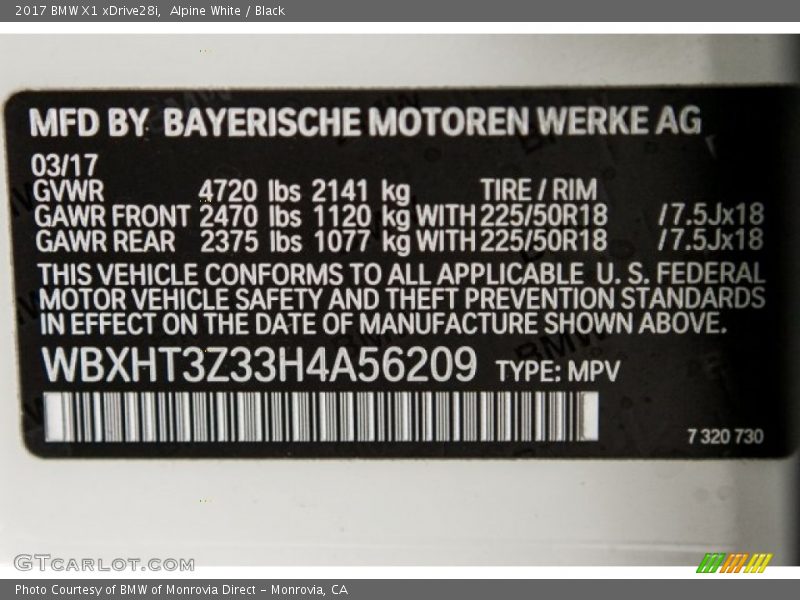 Alpine White / Black 2017 BMW X1 xDrive28i