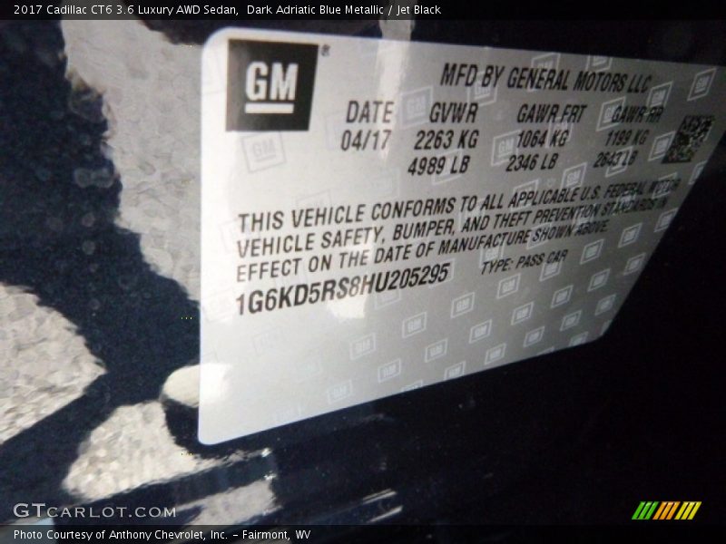 Dark Adriatic Blue Metallic / Jet Black 2017 Cadillac CT6 3.6 Luxury AWD Sedan