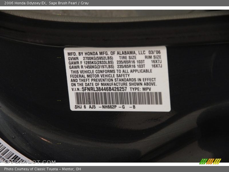 Sage Brush Pearl / Gray 2006 Honda Odyssey EX