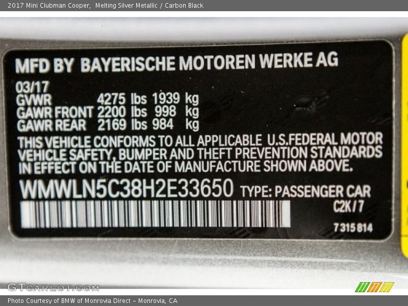 Melting Silver Metallic / Carbon Black 2017 Mini Clubman Cooper