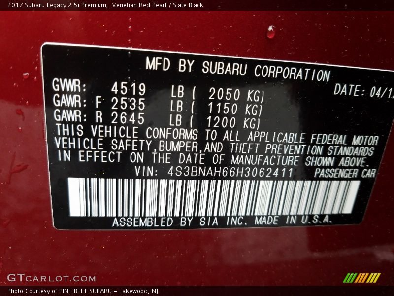 Venetian Red Pearl / Slate Black 2017 Subaru Legacy 2.5i Premium