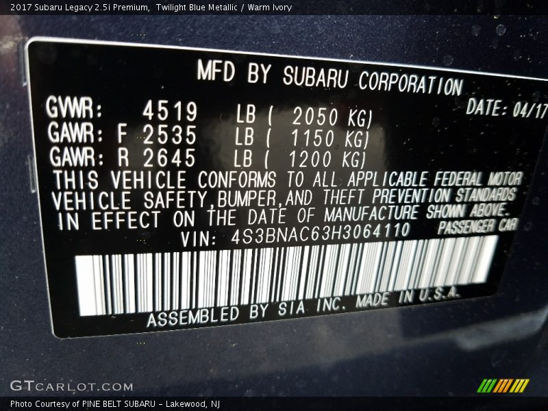 Twilight Blue Metallic / Warm Ivory 2017 Subaru Legacy 2.5i Premium