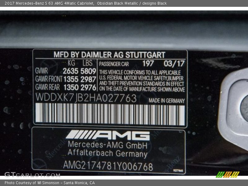 2017 S 63 AMG 4Matic Cabriolet Obsidian Black Metallic Color Code 197