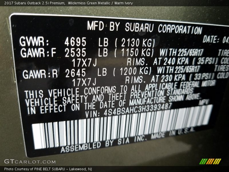 Wilderness Green Metallic / Warm Ivory 2017 Subaru Outback 2.5i Premium