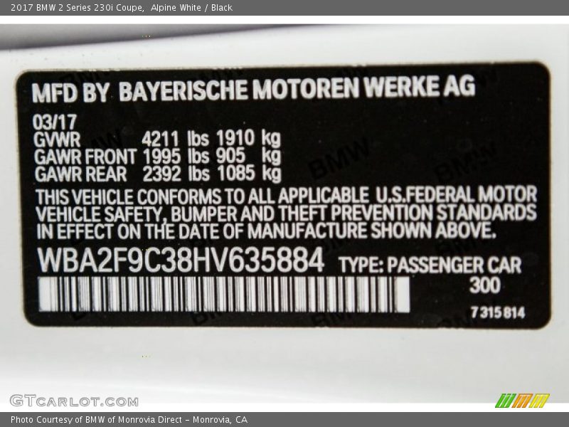 2017 2 Series 230i Coupe Alpine White Color Code 300