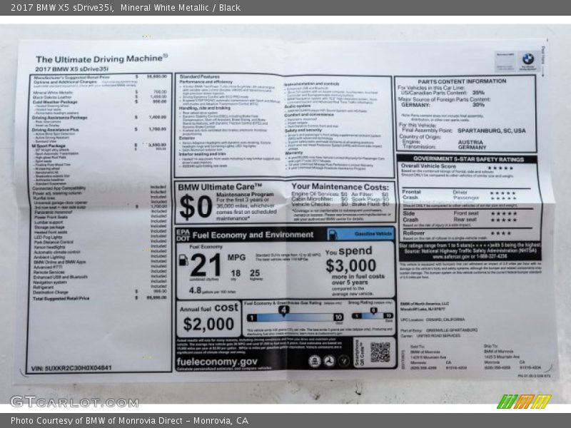 Mineral White Metallic / Black 2017 BMW X5 sDrive35i