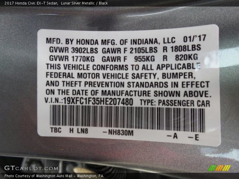 Lunar Silver Metallic / Black 2017 Honda Civic EX-T Sedan