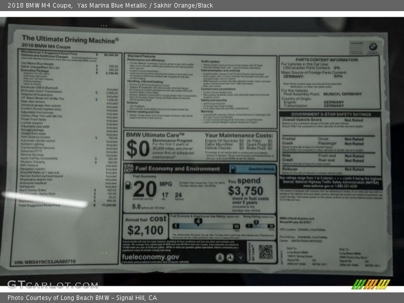  2018 M4 Coupe Window Sticker