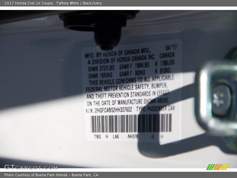 Taffeta White / Black/Ivory 2017 Honda Civic LX Coupe